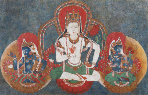Thangka of Avalokiteshvara and two offering goddesses
Western Tibet
15th century
Pigment and gold on cloth
H. 43 x W. 67 cm
Private collection